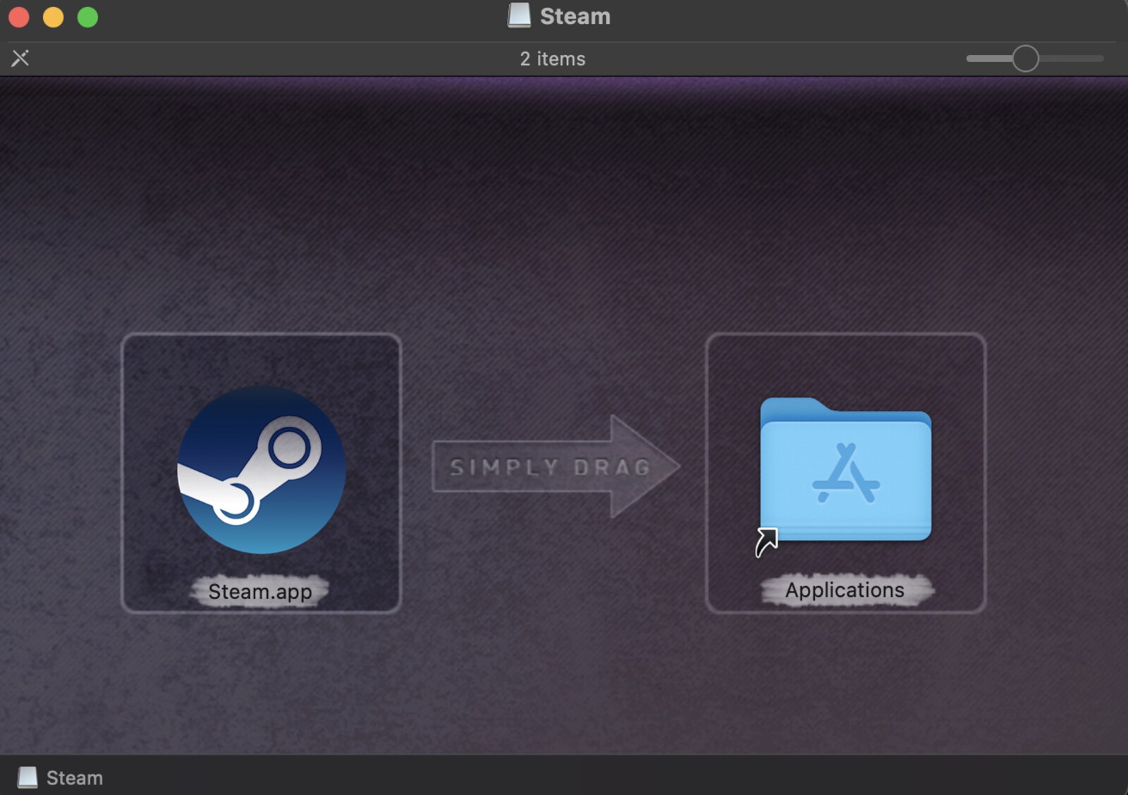 Screenshot of drag Steam icon to the Applications folder to download Steam on Mac