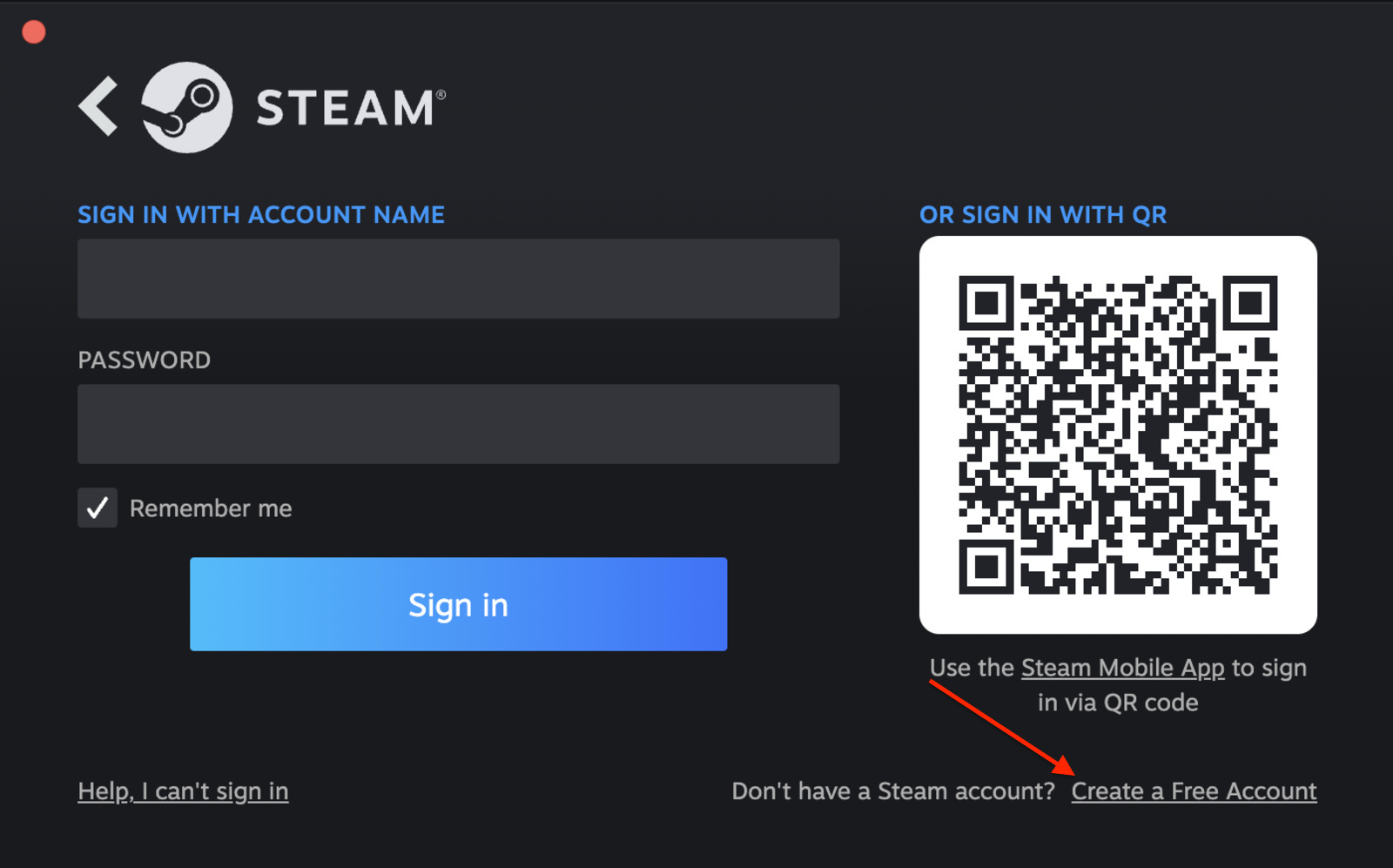 Screenshot of the Create an Account button In the Steam app on Linux