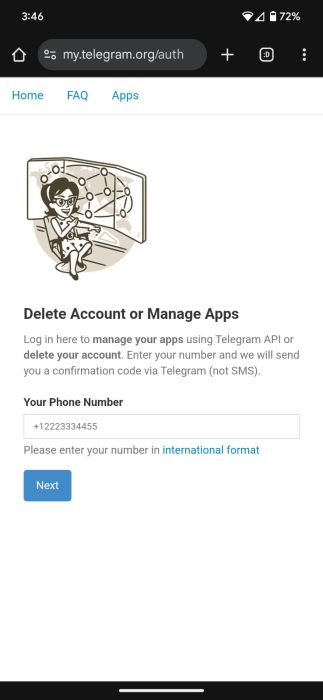 Telegram 계정 삭제 페이지의 전화번호 입력 상자 스크린샷 