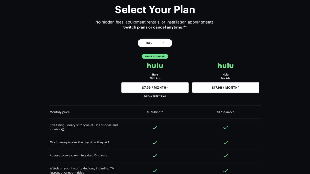 Screenshot of the Hulu subscription plans