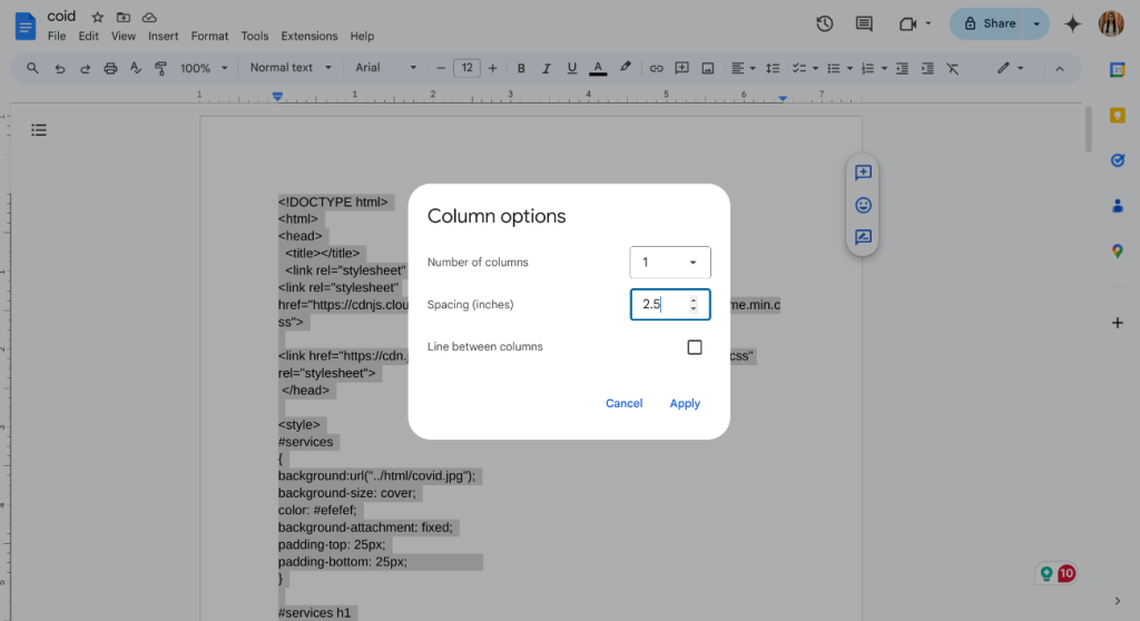 image To set spacing and a line between columns,