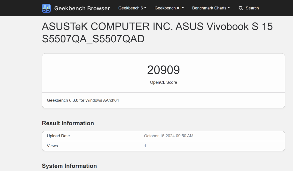 ASUS Vivobook S15의 GPU 벤치마크 결과 이미지