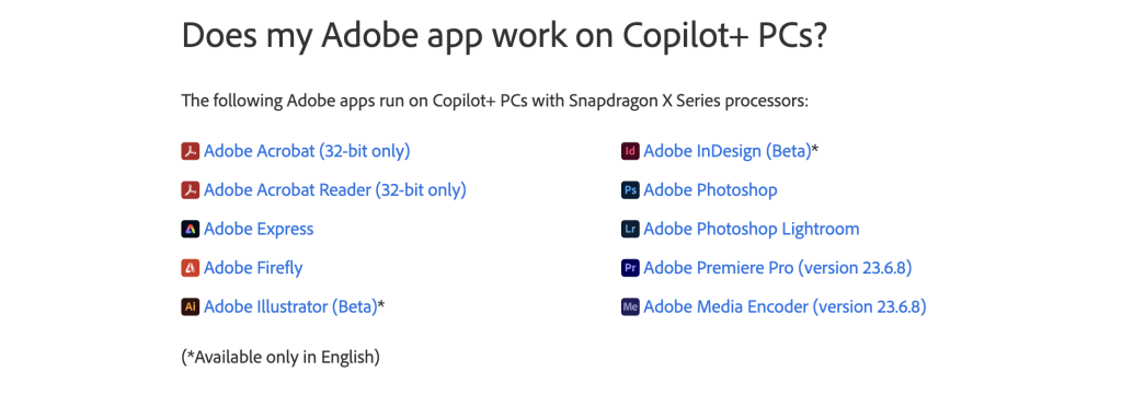 Image of the supported Adobe softwares