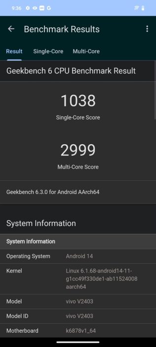 vivo V40e의 Geekbench 테스트 결과 스크린샷