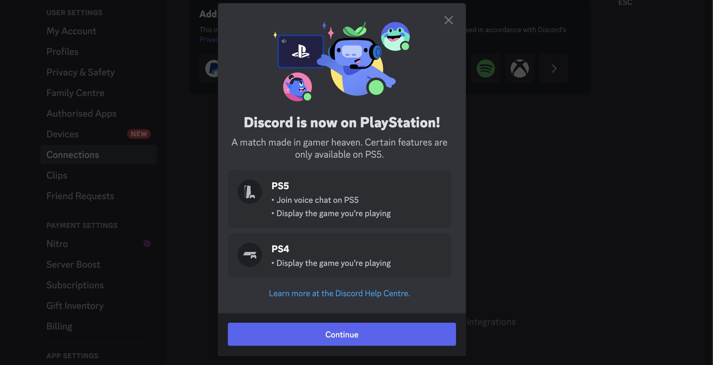 Screenshot of the continue button to connect PS5 to Discord