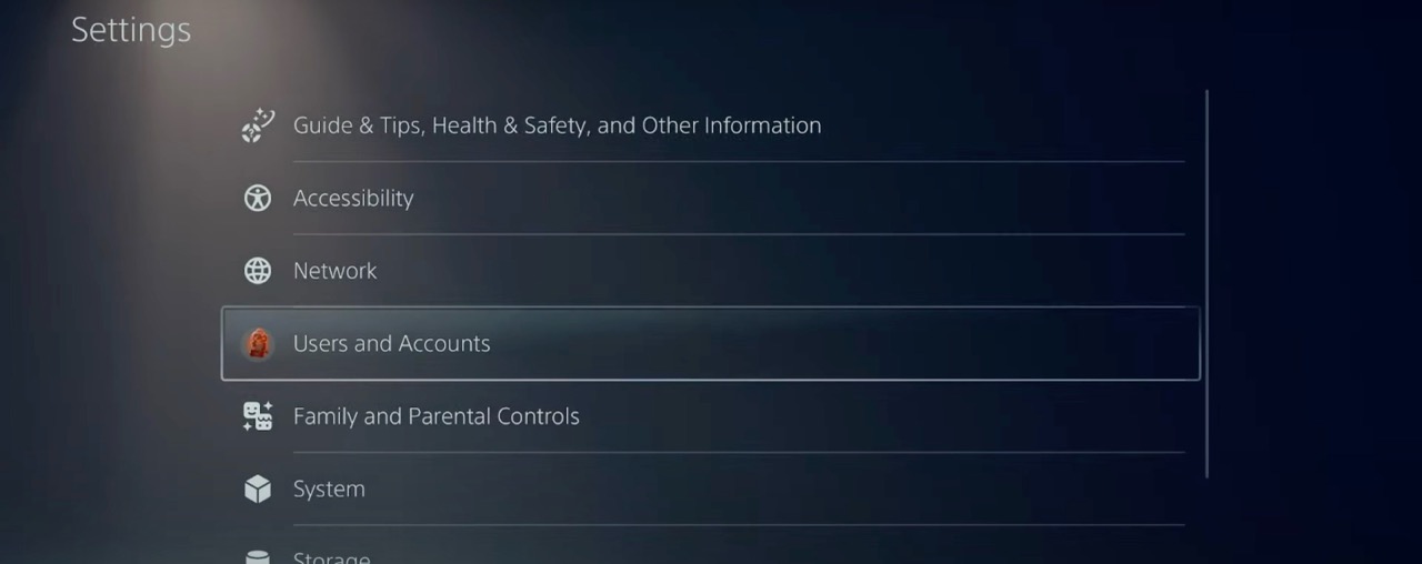 Screenshot of the users and account section on PS5 to link Discord