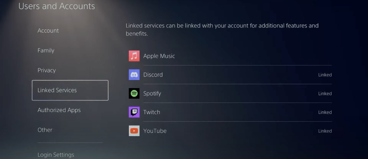 Screenshot of the linked accounts section on PS5 to setup Discord