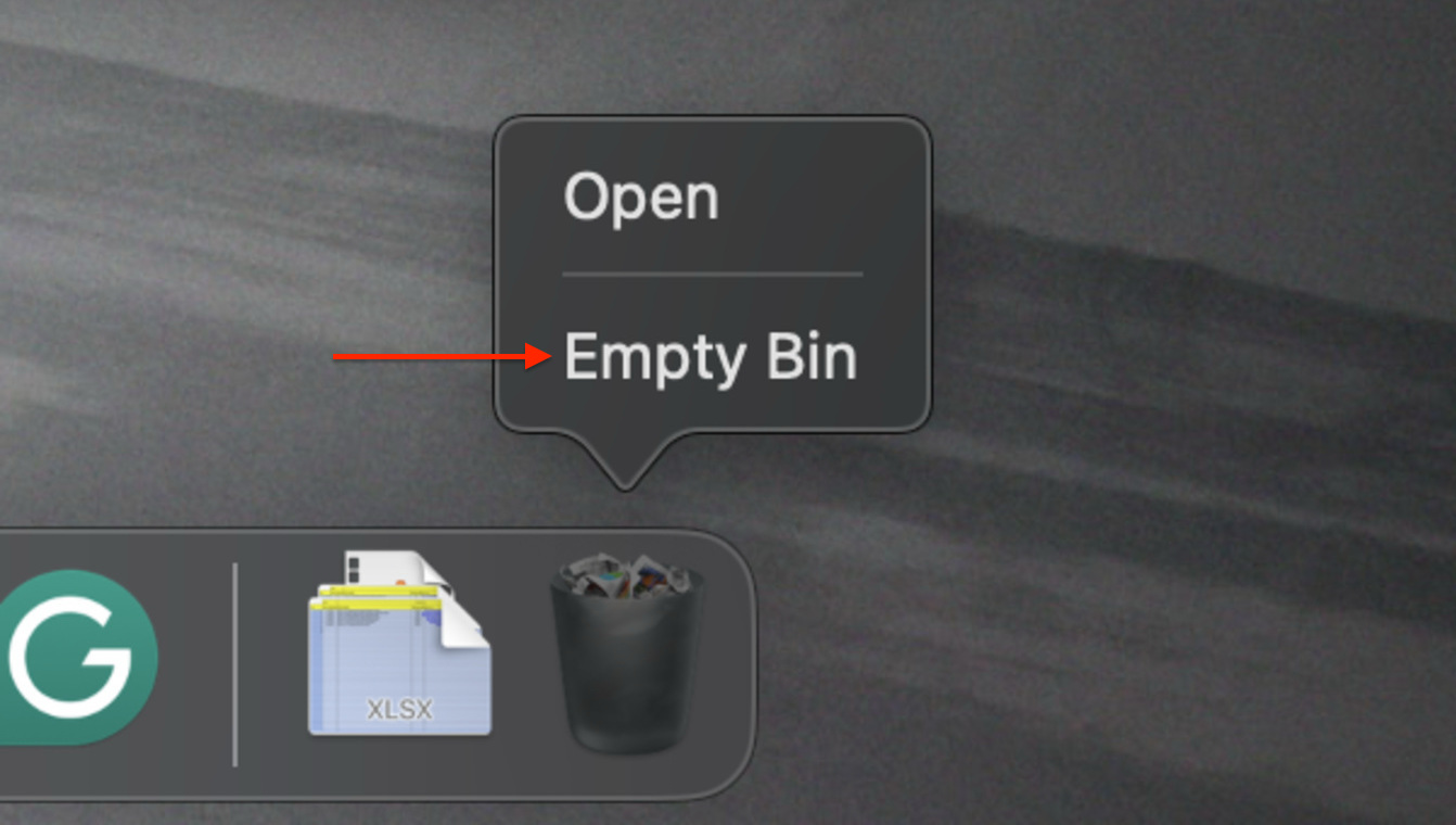 Screenshot of the Empty Bin button to Delete Downloads on Mac