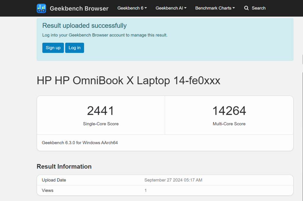 Geekbench results of the HP OmniBook X laptop