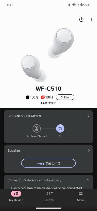 Screenshot of the Sound Connect app with the Sony WF-C510