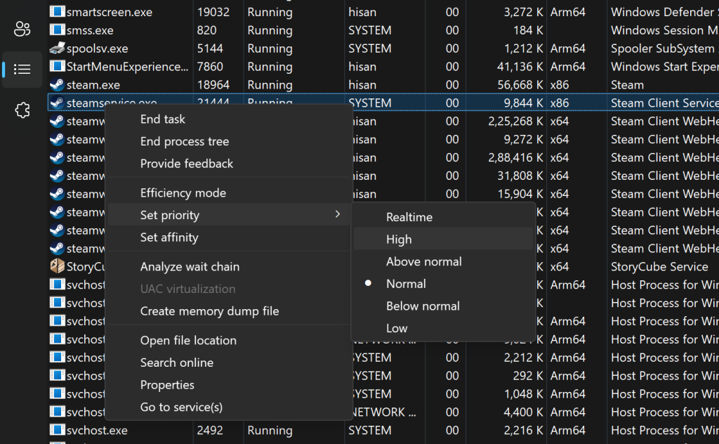 Image of the Set Priority option to give Steam more bandwidth 