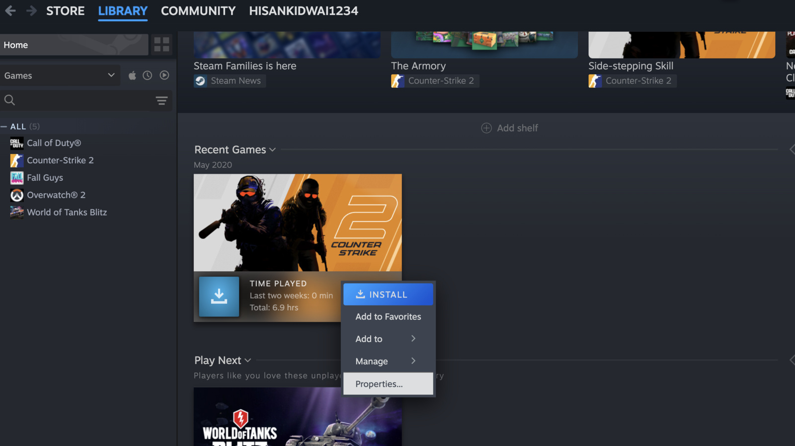 Image of the Properties button to check Steam Cloud compatibility and download files