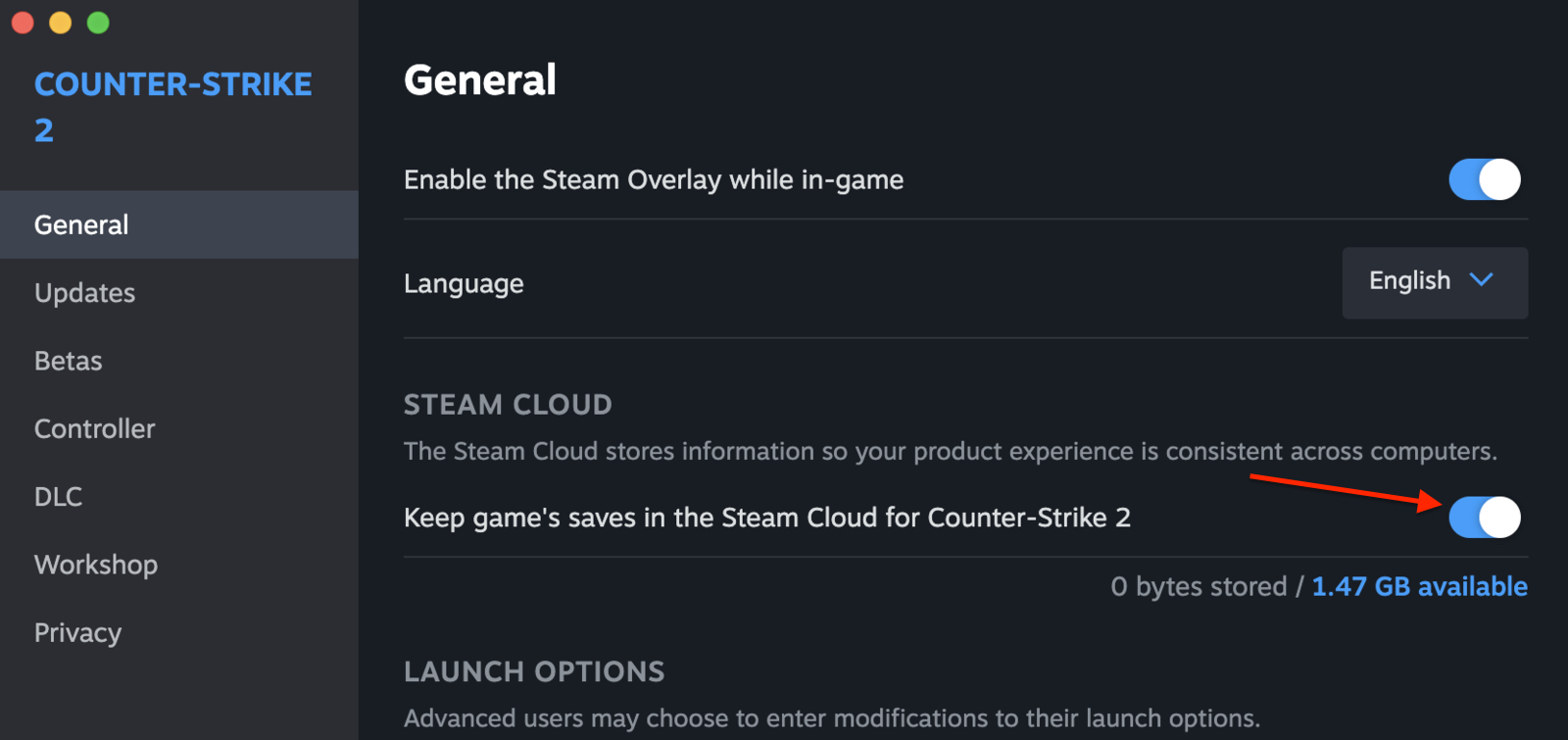 Image of the Steam Cloud toggle 