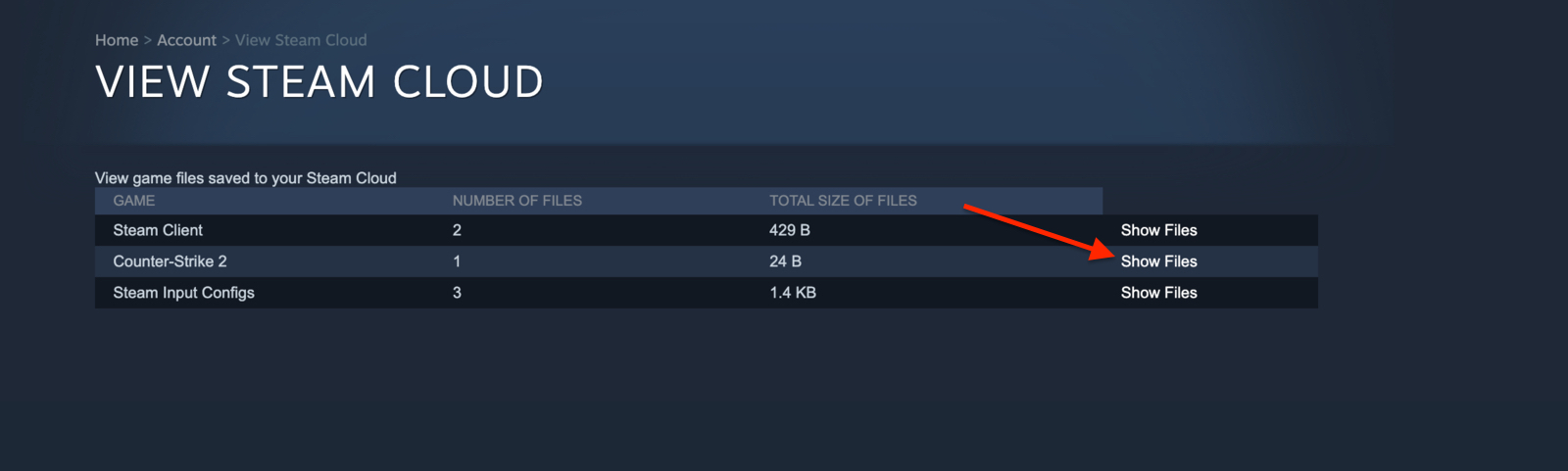 Image of the Show Files button to get download Steam Cloud files