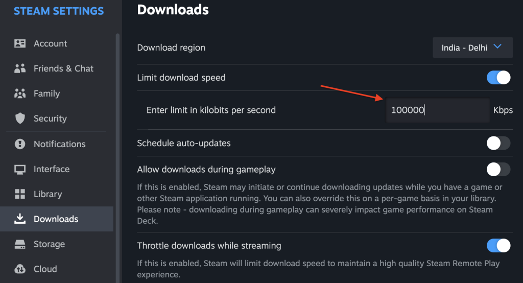 Image of the Limit Download Speed option to make Steam downloads faster 