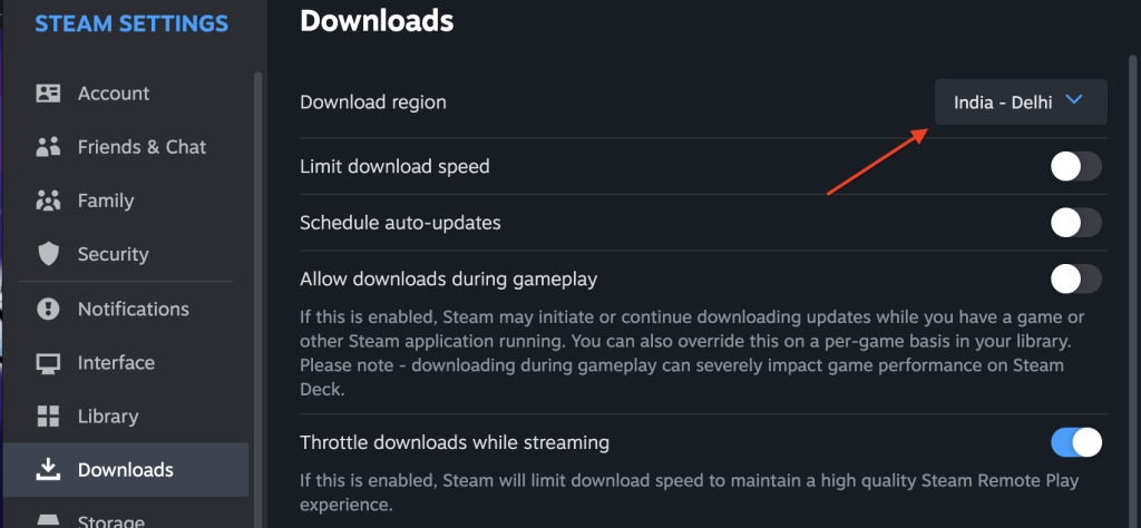 Image of the change region option 