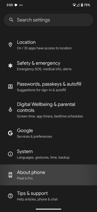 Screenshot of the About Phone section