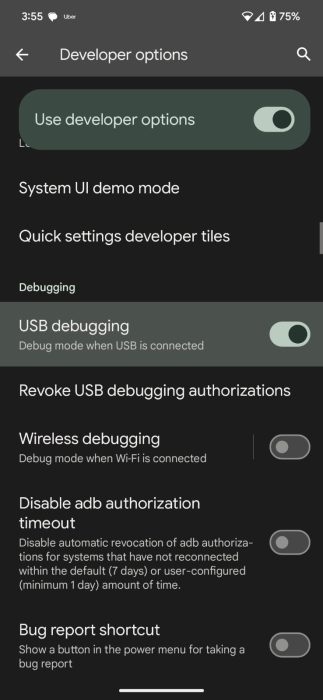 Screenshot of the USB Debugging option