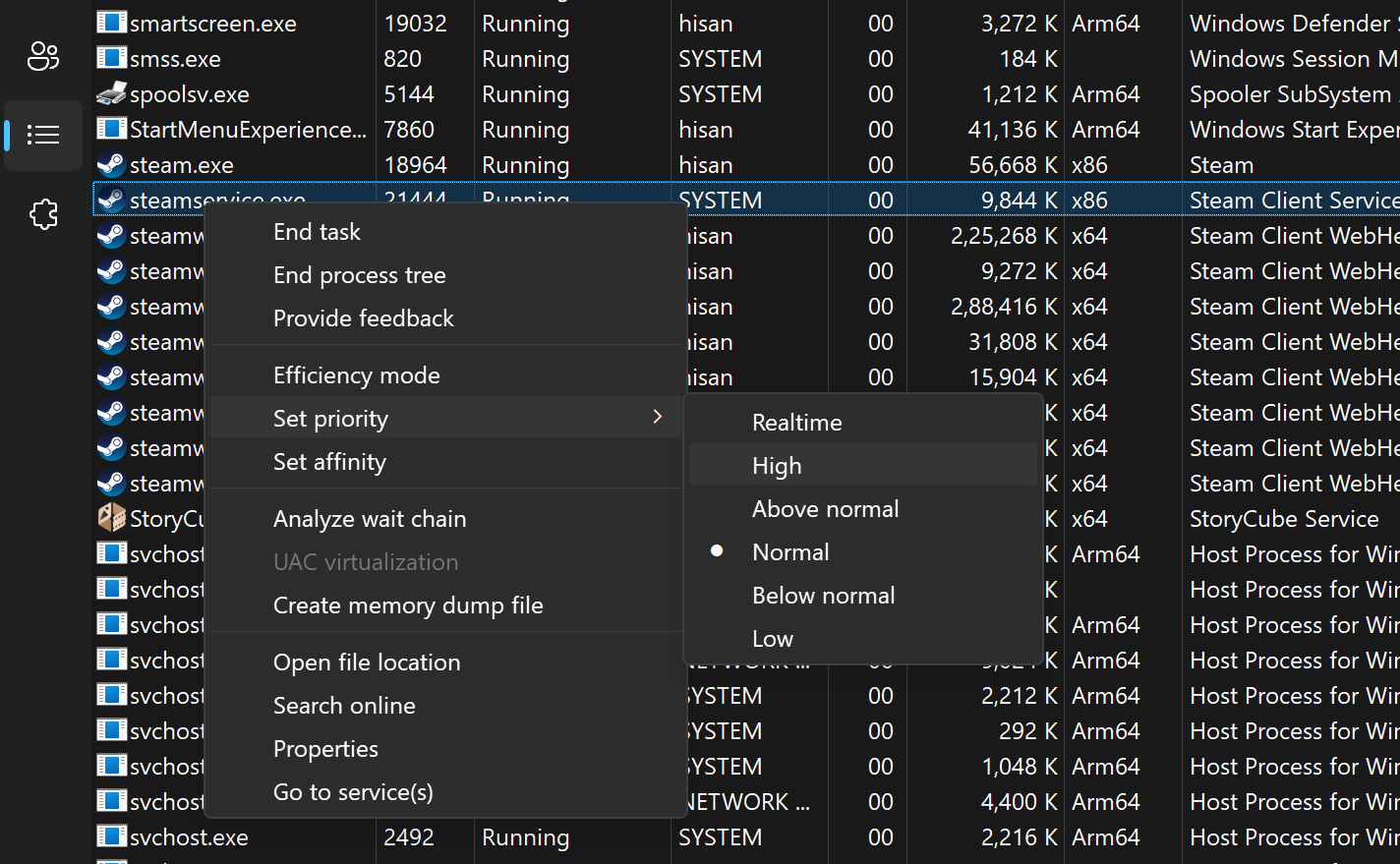 Image of the Set Priority button to improve download speeds on Windows 11