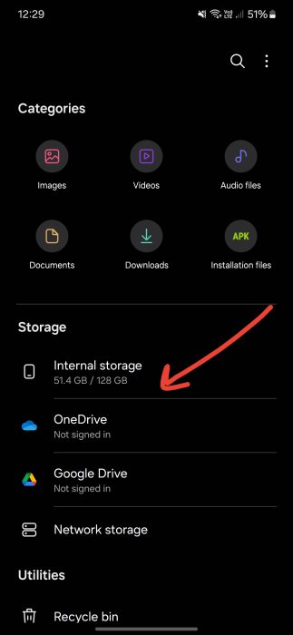 image of the Internal Storage section to find files on Android