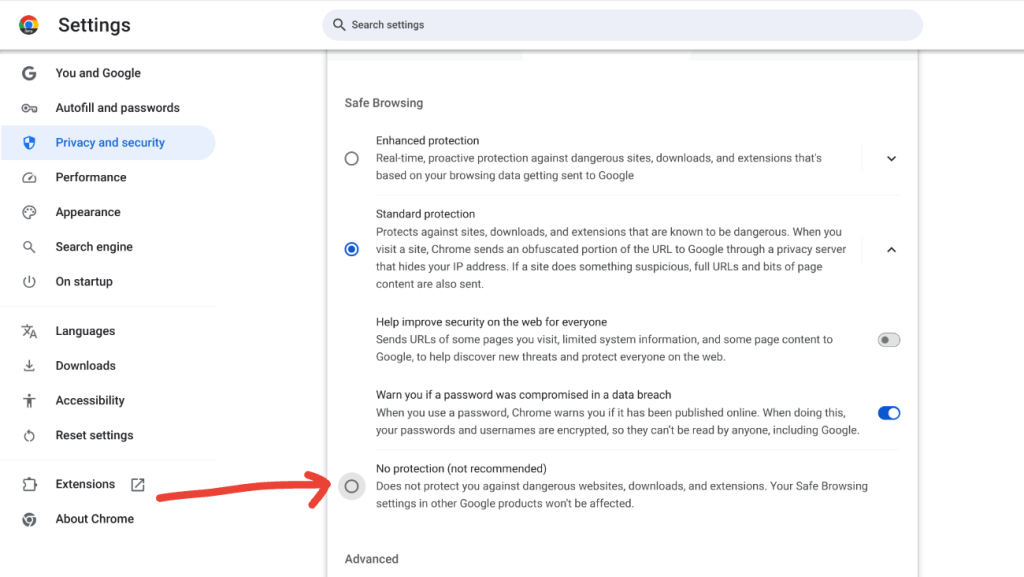 image to Select the option No Protection and bypass Google from blocking downloads