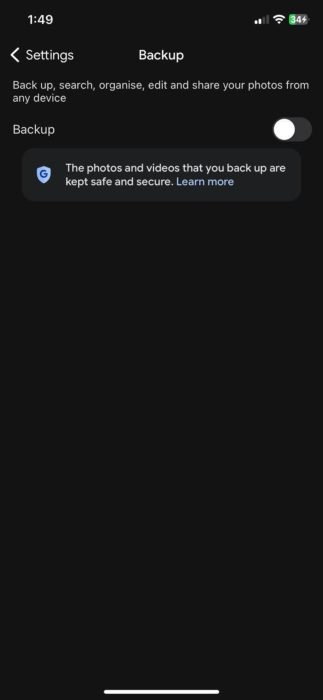 image to tap on Backup and switch it off in Google Photos