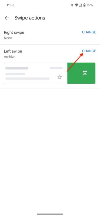 Screenshot of the Swipe Actions page to find archive emails in Gmail