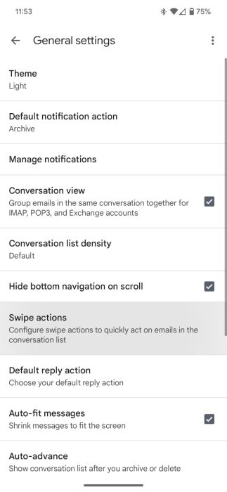 Screenshot of the Swipe actions button