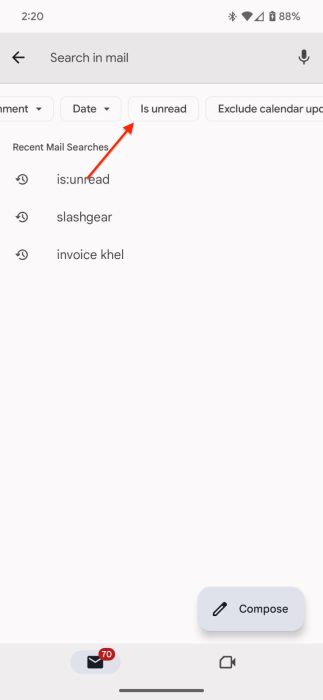 Screenshot of the is unread option in Gmail