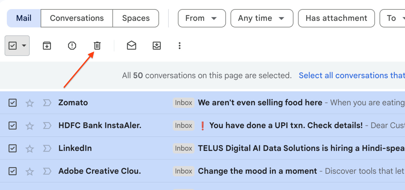 Screenshot of the Delete all unread emails in Gmail