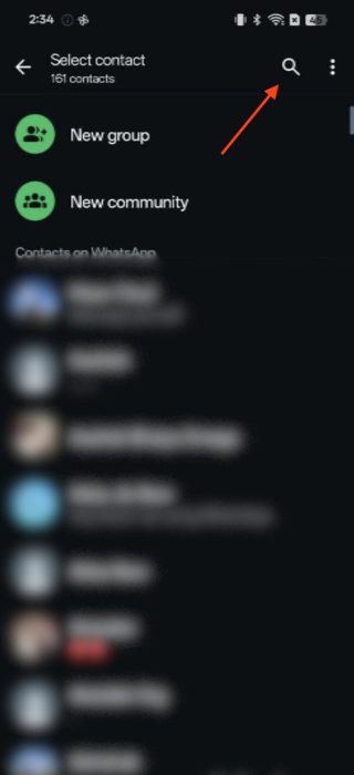 Screenshot of the Search icon to add someone on WhatsApp