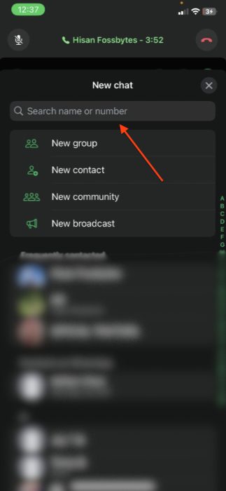 Screenshot of the Search tab to add someone on WhatsApp