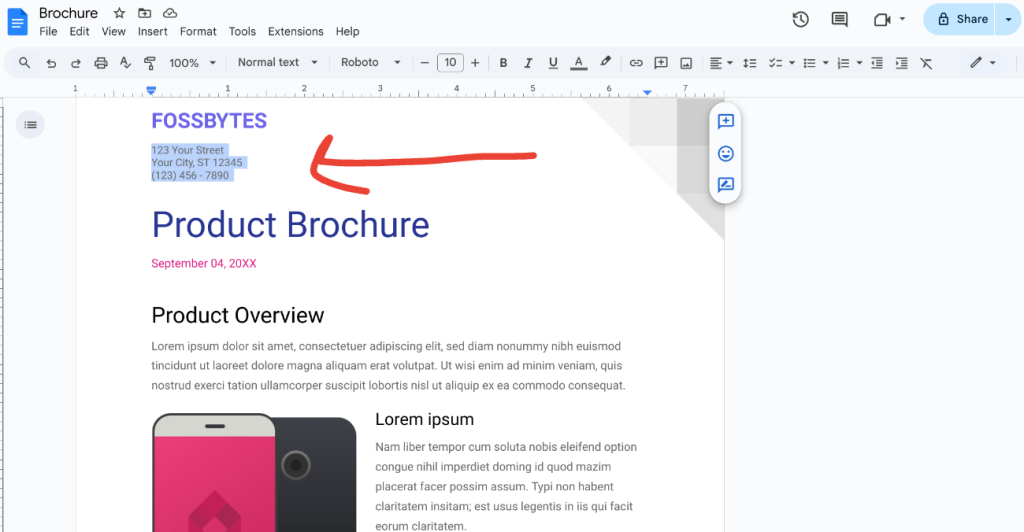 image to Start by updating details and Make a Brochure on Google Docs