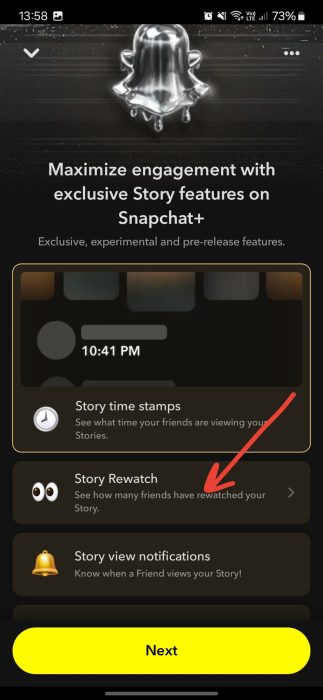 image to Tap the Snapchat+ card and toggle the Story Rewatch button