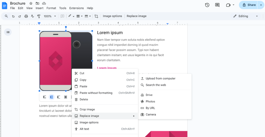image to change an image and Make a Brochure on Google Docs
