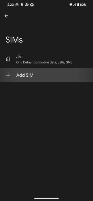 Screenshot of the Add SIM button on Android