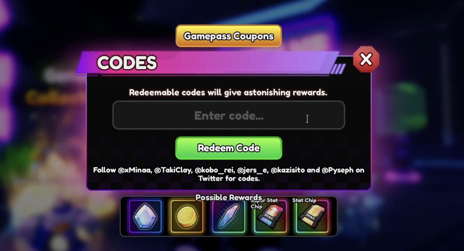 Screenshot of the Redeem Codes section in Anime Vanguards