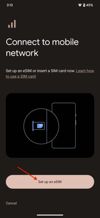 Screenshot of the Setup an eSIM page to add Holafly