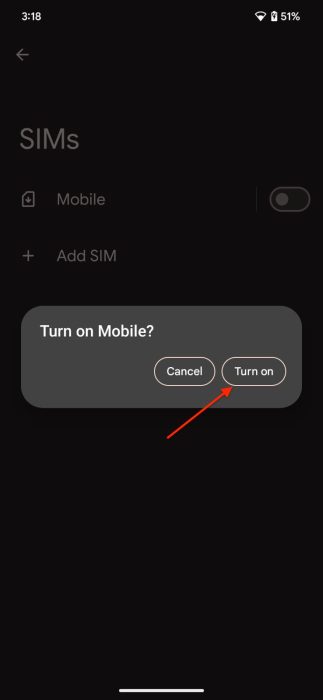 Screenshot of the Turn on button