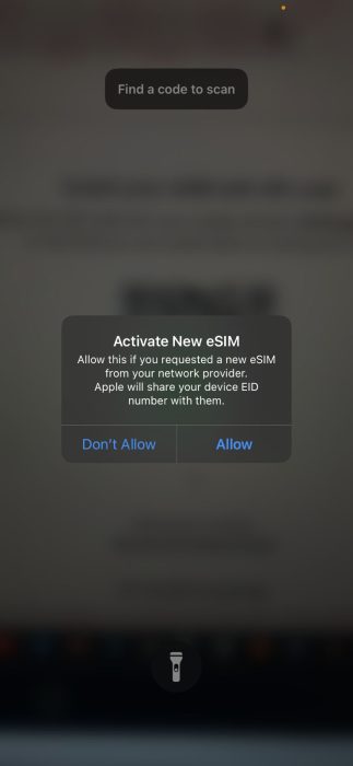 Screenshot of the Activate new eSIM Prompt 