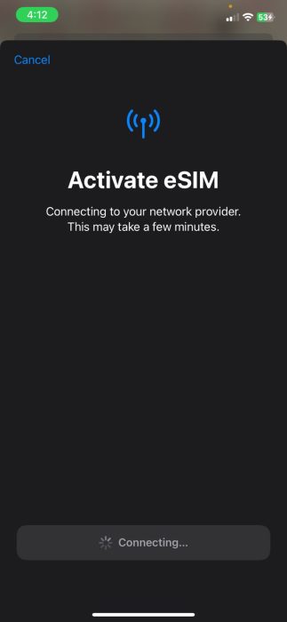 Screenshot of the Activating eSIM page