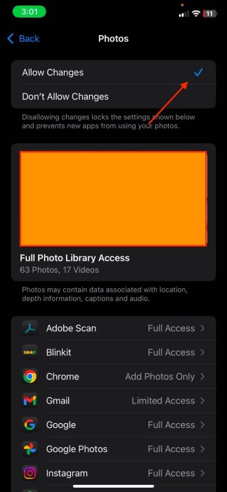 Screenshot of the allow changes option to allow camera access for Instagram