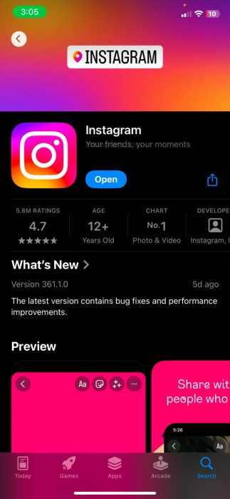 Screenshot of the Instagram app on the App Store 