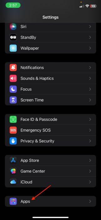 Image of the Apps section in Settings app