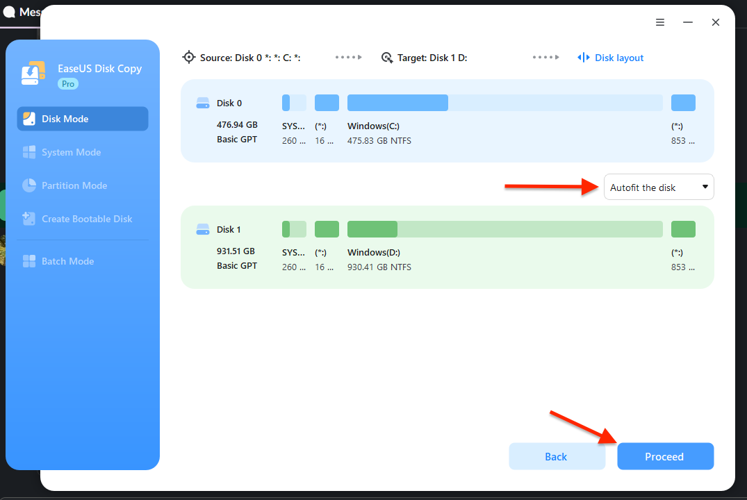 Image of the Proceed button to start the copying process in EaseUS disk copy software