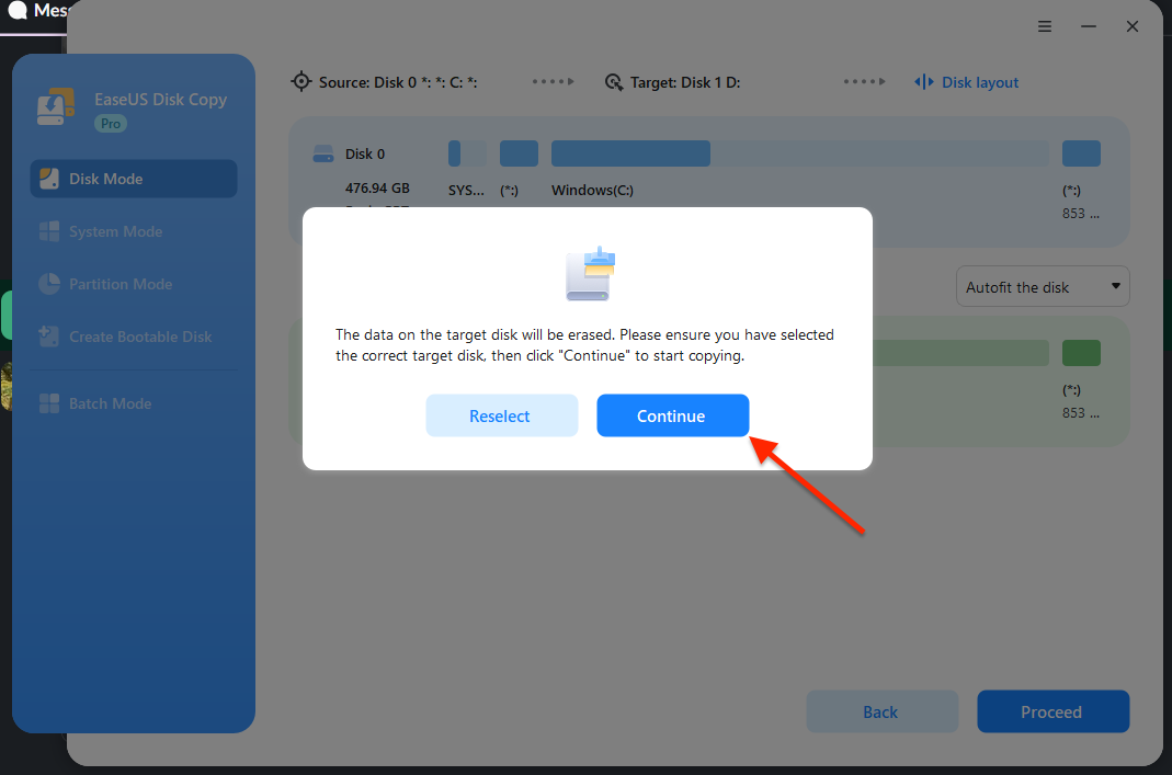 Image of the Continue button to start copying items in EaseUS Disk Copy