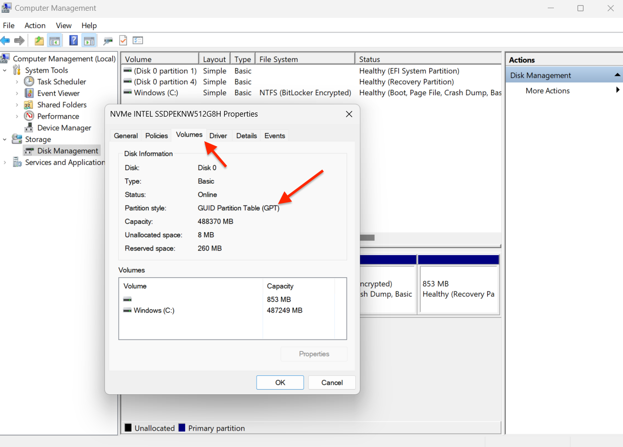 Screenshot of the type of the partition style of the old ssd