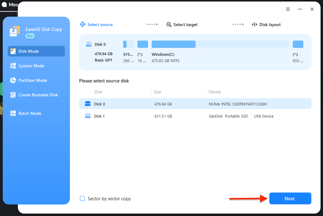 Image to select the Source Disk in the EaseUS Disk Copy Software