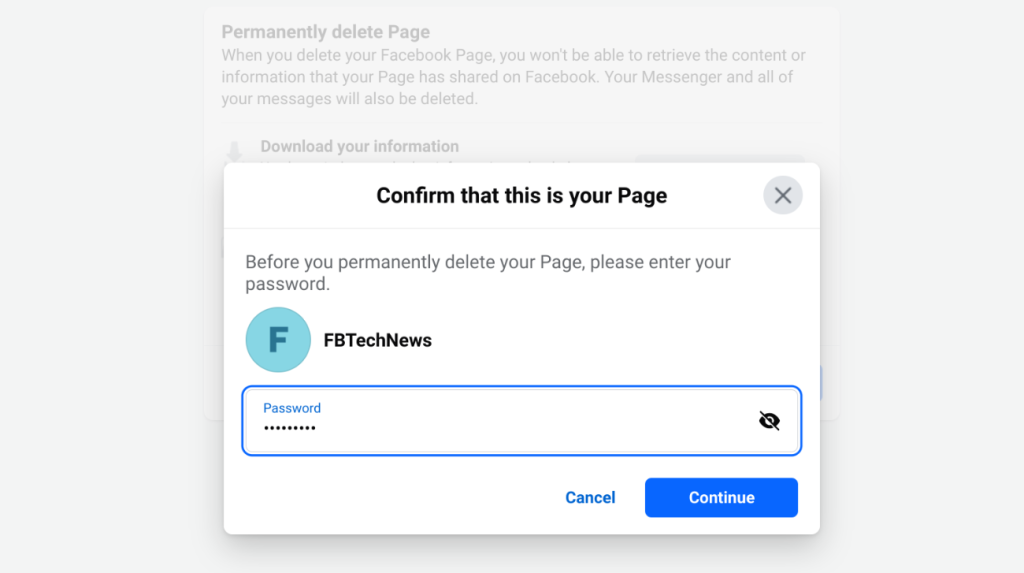 image to Enter your password to finalize and Delete a Facebook Page