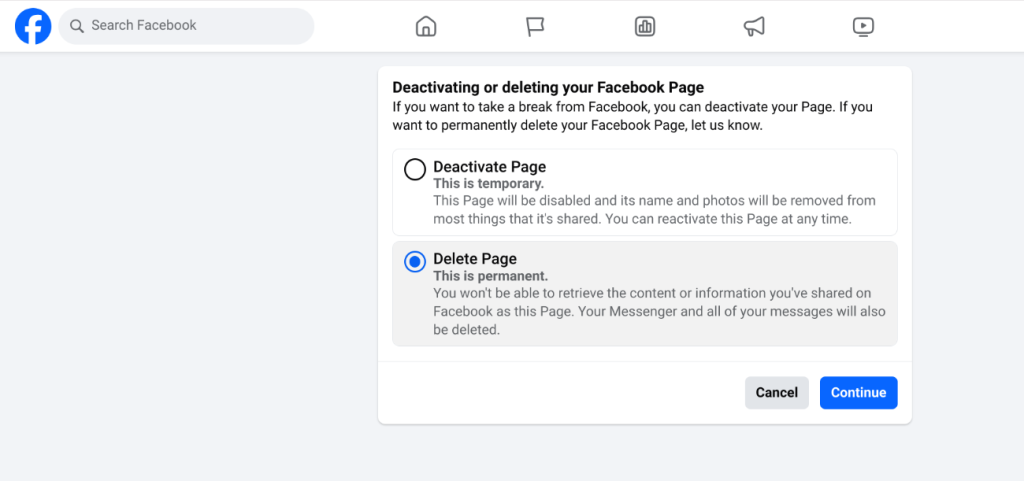 image to select delete Facebook page